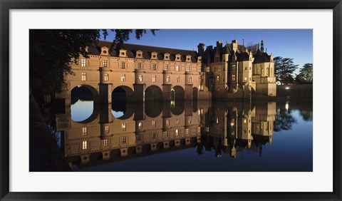 Framed Reflection of a castle in a river, Chateau De Chenonceau, Indre-Et-Loire, Loire Valley, Loire River, Region Centre, France Print