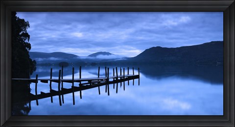 Framed Reflection of jetty in a lake, Derwent Water, Keswick, English Lake District, Cumbria, England Print