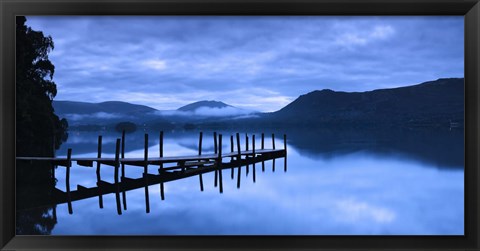 Framed Reflection of jetty in a lake, Derwent Water, Keswick, English Lake District, Cumbria, England Print