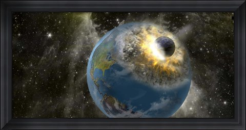 Framed Earth being hit by a planet killing meteorite Print