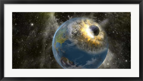Framed Earth being hit by a planet killing meteorite Print