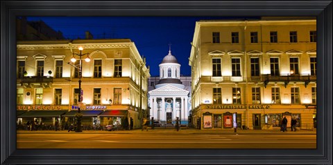 Framed Buildings in a city lit up at night, Nevskiy Prospekt, St. Petersburg, Russia Print