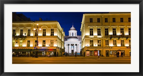 Framed Buildings in a city lit up at night, Nevskiy Prospekt, St. Petersburg, Russia Print