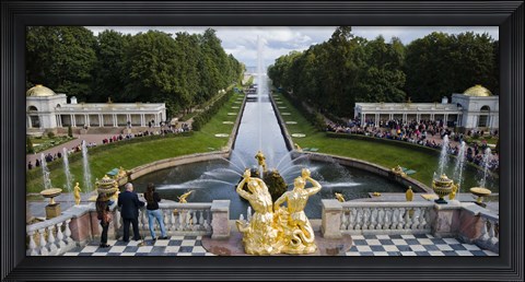 Framed Golden statue and fountain at Grand Cascade at Peterhof Grand Palace, St. Petersburg, Russia Print