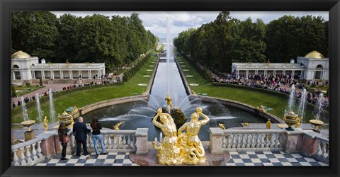 Framed Golden statue and fountain at Grand Cascade at Peterhof Grand Palace, St. Petersburg, Russia Print