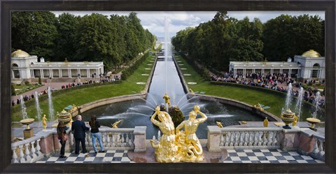 Framed Golden statue and fountain at Grand Cascade at Peterhof Grand Palace, St. Petersburg, Russia Print