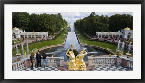 Framed Golden statue and fountain at Grand Cascade at Peterhof Grand Palace, St. Petersburg, Russia Print