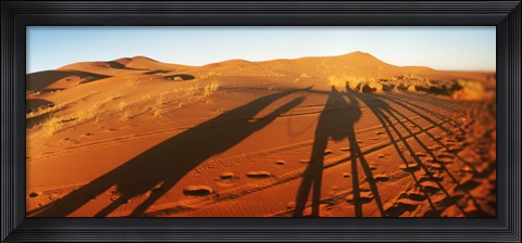 Framed Shadows of camel riders in the desert at sunset, Sahara Desert, Morocco Print