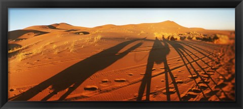 Framed Shadows of camel riders in the desert at sunset, Sahara Desert, Morocco Print