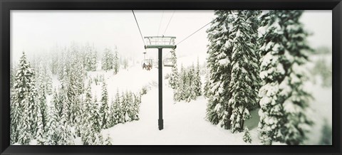 Framed Chair lift and snowy evergreen trees at Stevens Pass, Washington State, USA Print