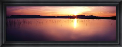 Framed Reflection of sun on water at dawn, Elephant Butte Lake, New Mexico, USA Print