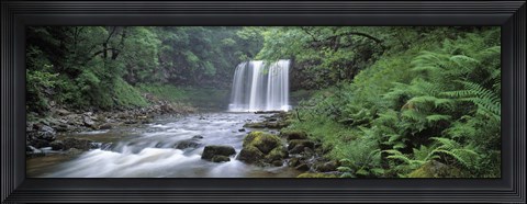 Framed Waterfall in a forest, Sgwd Yr Eira (Waterfall of Snow), Afon Hepste, Brecon Beacons National Park, Wales Print