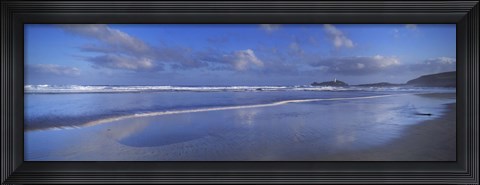 Framed Beach at sunrise, Gwithian Beach, Godrevy Lighthouse, Cornwall, England Print