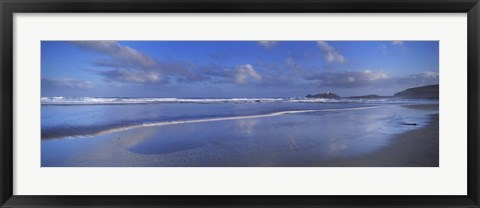 Framed Beach at sunrise, Gwithian Beach, Godrevy Lighthouse, Cornwall, England Print