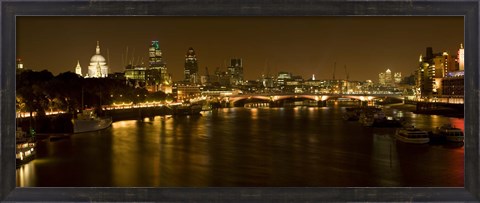 Framed View of Thames River from Waterloo Bridge at night, London, England Print