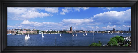 Framed Sailboats in a lake with the city hall in the background, Riddarfjarden, Stockholm City Hall, Stockholm, Sweden Print