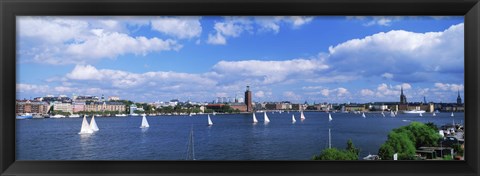 Framed Sailboats in a lake with the city hall in the background, Riddarfjarden, Stockholm City Hall, Stockholm, Sweden Print