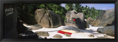 Framed Nudist corner written on a rock on the beach, Mahe Island, Seychelles Print