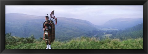 Framed Bagpiper at Loch Broom in Scottish highlands, Ross and Cromarty, Scotland Print