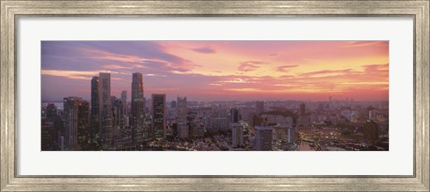 Framed High angle view of a city at sunset, Singapore City, Singapore Print
