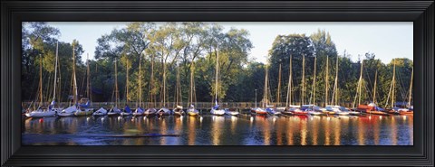 Framed Sailboats moored at a dock, Langholmens Canal, Stockholm, Sweden Print