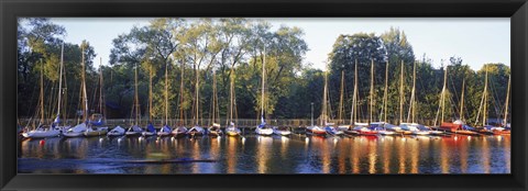 Framed Sailboats moored at a dock, Langholmens Canal, Stockholm, Sweden Print