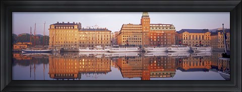 Framed Ferries and Sailboats moored at a harbor, Nybroviken, SAS Radisson Hotel, Stockholm, Sweden Print