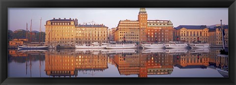 Framed Ferries and Sailboats moored at a harbor, Nybroviken, SAS Radisson Hotel, Stockholm, Sweden Print