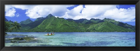 Framed Polynesian people rowing a yellow outrigger boat in the bay, Opunohu Bay, Moorea, Tahiti, French Polynesia Print