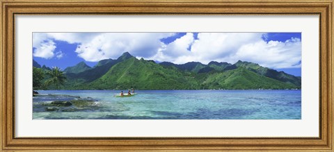 Framed Polynesian people rowing a yellow outrigger boat in the bay, Opunohu Bay, Moorea, Tahiti, French Polynesia Print