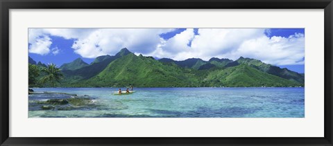 Framed Polynesian people rowing a yellow outrigger boat in the bay, Opunohu Bay, Moorea, Tahiti, French Polynesia Print