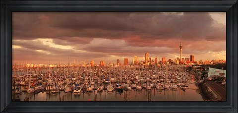 Framed Yachts at Waitemata Harbor on a cloudy day, Sky Tower, Auckland, North Island, New Zealand Print