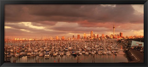 Framed Yachts at Waitemata Harbor on a cloudy day, Sky Tower, Auckland, North Island, New Zealand Print