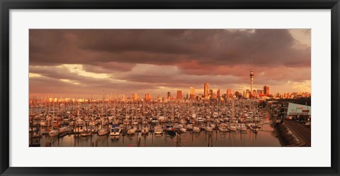 Framed Yachts at Waitemata Harbor on a cloudy day, Sky Tower, Auckland, North Island, New Zealand Print