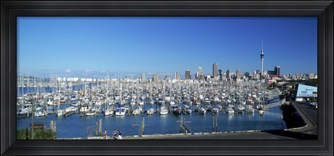 Framed Yachts at Waitemata Harbor, Sky Tower, Auckland, North Island, New Zealand Print