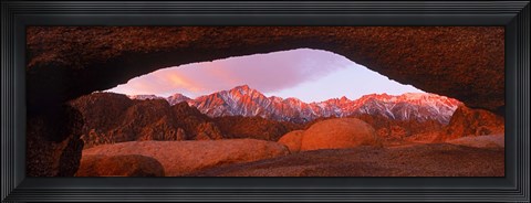 Framed Rock formations with mountains in the background, Mt Whitney, Lone Pine Peak, California, USA Print