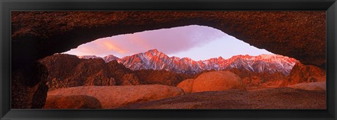 Framed Rock formations with mountains in the background, Mt Whitney, Lone Pine Peak, California, USA Print