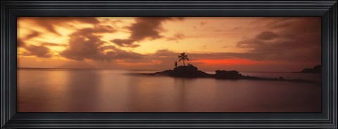 Framed Silhouette of a palm tree on an island at sunset, Anse Severe, La Digue Island, Seychelles Print