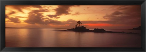 Framed Silhouette of a palm tree on an island at sunset, Anse Severe, La Digue Island, Seychelles Print