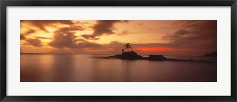 Framed Silhouette of a palm tree on an island at sunset, Anse Severe, La Digue Island, Seychelles Print