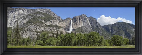 Framed Panoramic view of Yosemite Falls and the Yosemite meadow in late spring, Yosemite National Park, California, USA Print