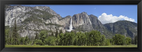 Framed Panoramic view of Yosemite Falls and the Yosemite meadow in late spring, Yosemite National Park, California, USA Print