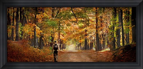 Framed Kid with backpack walking in fall colors Print