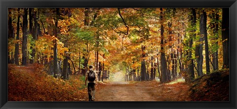 Framed Kid with backpack walking in fall colors Print