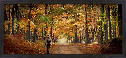 Framed Kid with backpack walking in fall colors Print