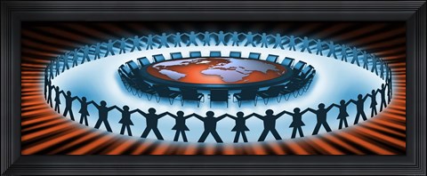 Framed Circle of people around a table of world map Print