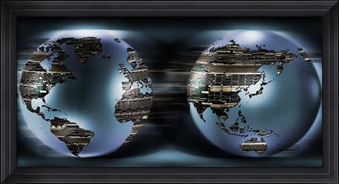 Framed Two sides of earths made of digital circuits Print