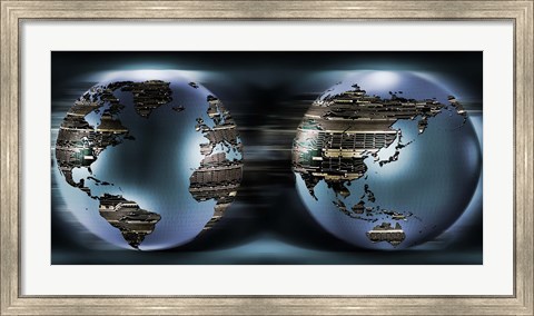 Framed Two sides of earths made of digital circuits Print