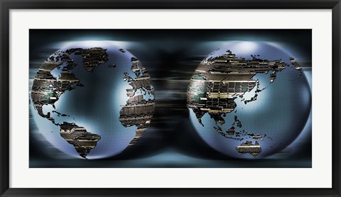 Framed Two sides of earths made of digital circuits Print