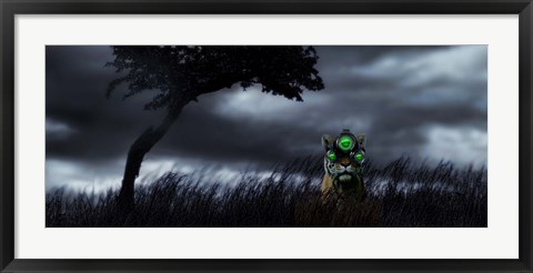 Framed Tiger wearing night vision goggles Print